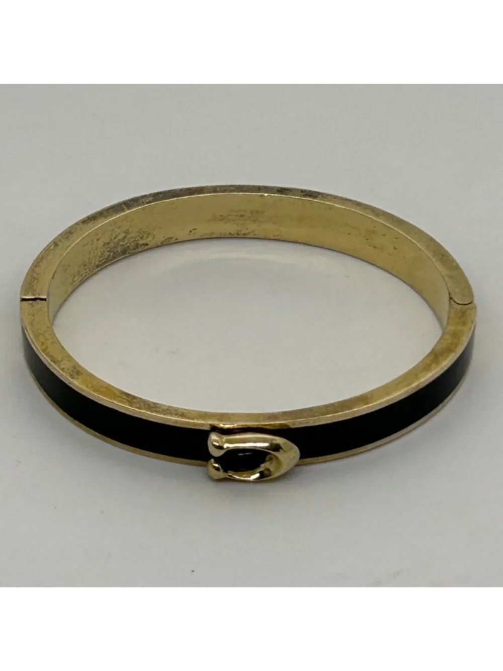 Coach Gold-Tone Black Bracelet Enamel Signature C Logo Hinged Bangle 6 3/4 in.